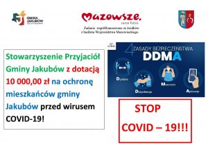 Stowarzyszenie Przyjaciół Gminy Jakubów z dotacją 10 000,00 zł na ochronę mieszkańców gminy Jakubów przed wirusem COVID-19