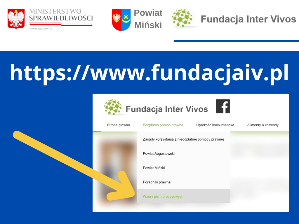 logo powiatu minskiego, ministerstwa sprawiedliwości i fundacji Inter Vivos poniżej zrzut ekranu ze strony fundacji