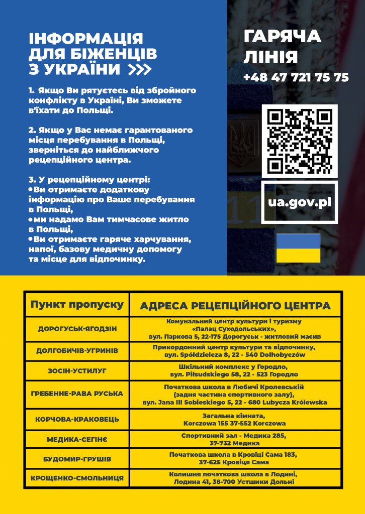 Plakat z informacjami do uchodźc ów z ukrainy po ukraińsku