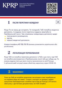 Pierwsza strona ulotki informacyjnej dla uchodź↓ców z Ukrainy w języku ukraińskim