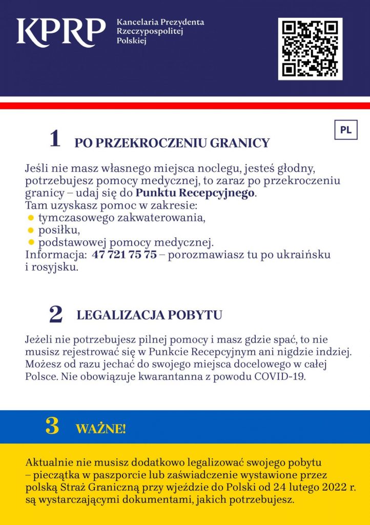 1 strona ulotki informacyjnej dla uchodź↓ców z Ukrainy w języku polskim