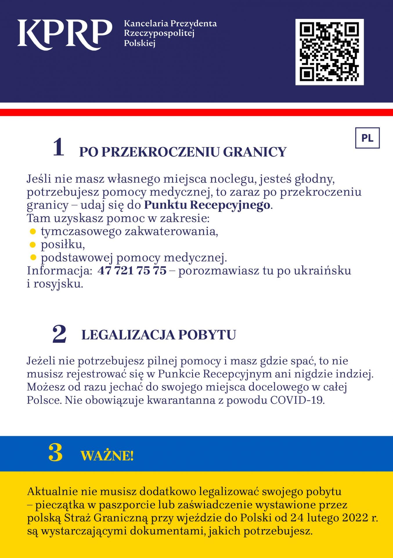 1 strona ulotki informacyjnej dla uchodź↓ców z Ukrainy w języku polskim