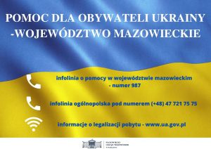 Tekst o pomocy dla mieszkańców Ukrainy na tle niebiesko żóltej flagi