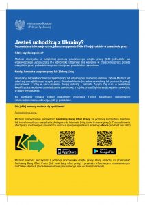 Tekst o pomocy dla mieszkańców Ukrainy na tle niebiesko żóltej flagi