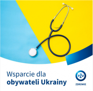 stetoskop na niebiesko żóltym tle o napis wsparcie dla ukrainy