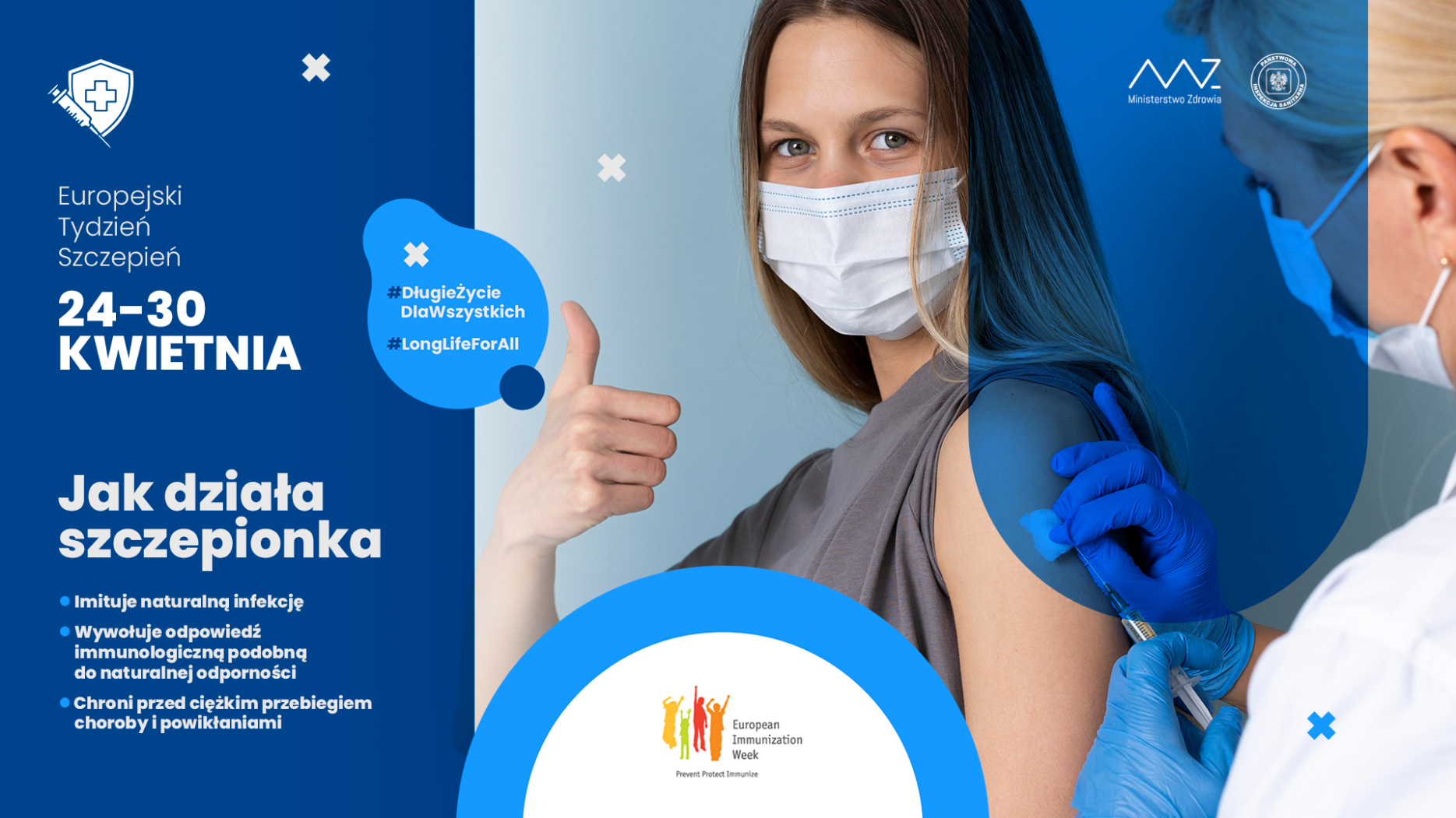 Ulotka zachęcająca do szczepień. Kolorystyka niebieska.