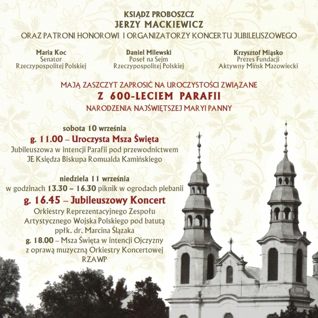 Plakat z programem wydarzenia i wieżami kościoła w tle.