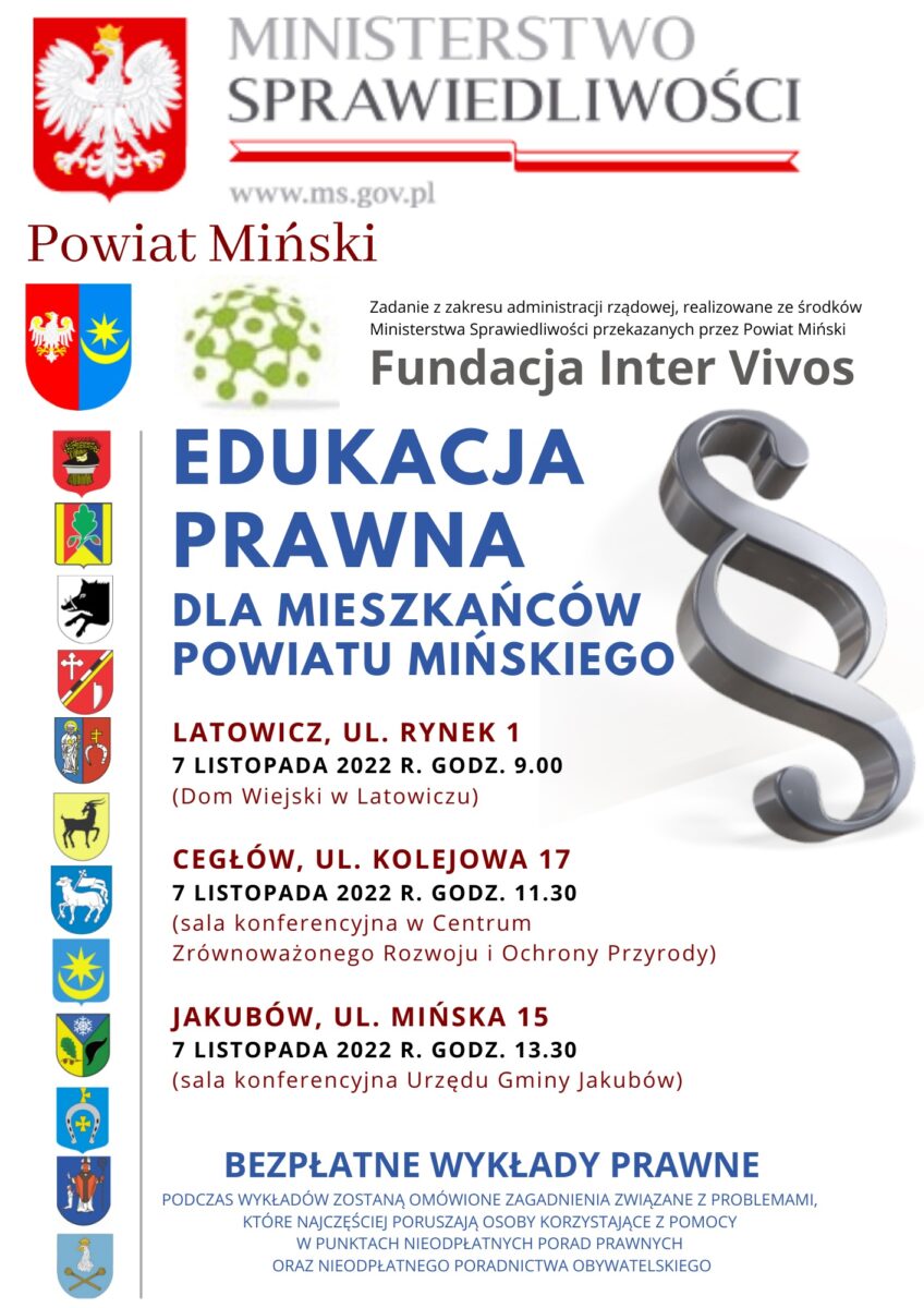 Podczas wykładów zostaną omówione zagadnienia związane z problemami, które najczęściej poruszają osoby korzystające z pomocy w Punktach Nieodpłatnych Porad Prawnych oraz Nieodpłatnego Poradnictwa Obywatelskiego.