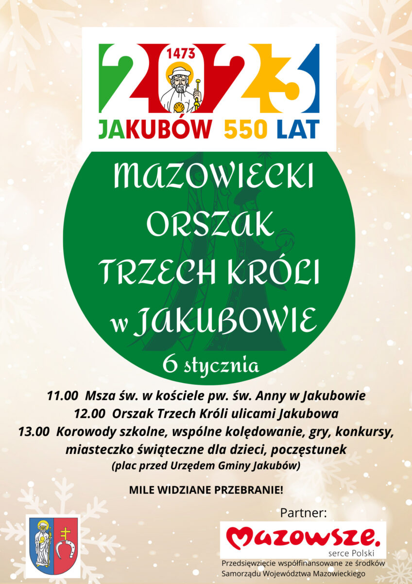 Plakat z napisem MAZOWIECKI ORSZAK TRZECH KRÓLI W JAKUBOWIE