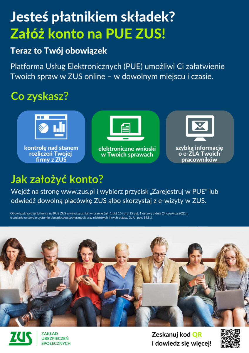 plakat o zakładaniu konta PUE. Na dole ludzie siedzący na ławce w poczekalni
