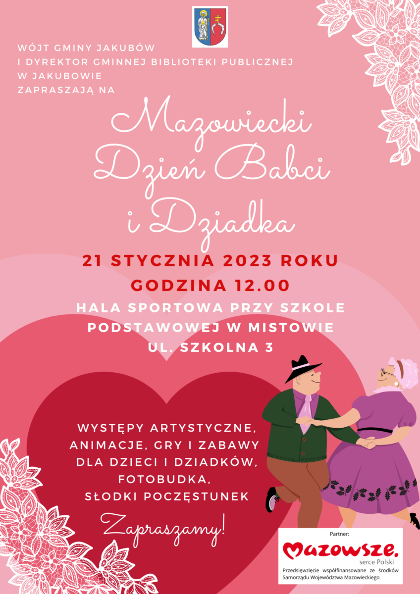 Czerwonno-różowa grafika, na tle której widać 2 postaci dziadka i babci w tańcu