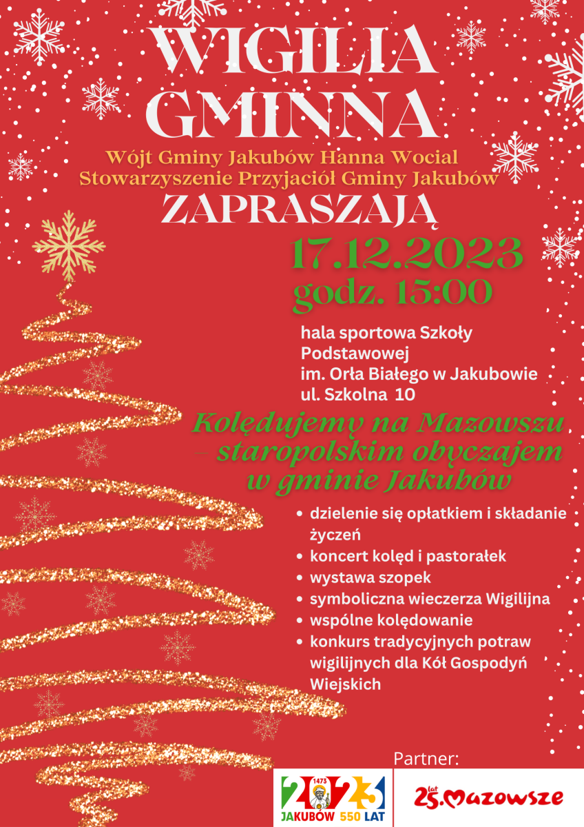plakat w kolorze czerwonym z napisem WIGILIA GMINNA