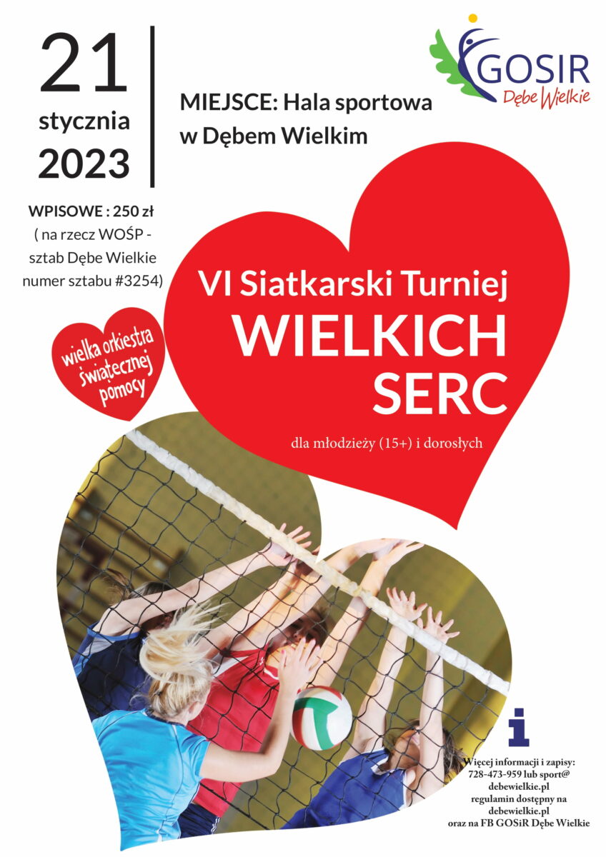 Plakat z serduszkami i osobami grającymi w siatkówkę