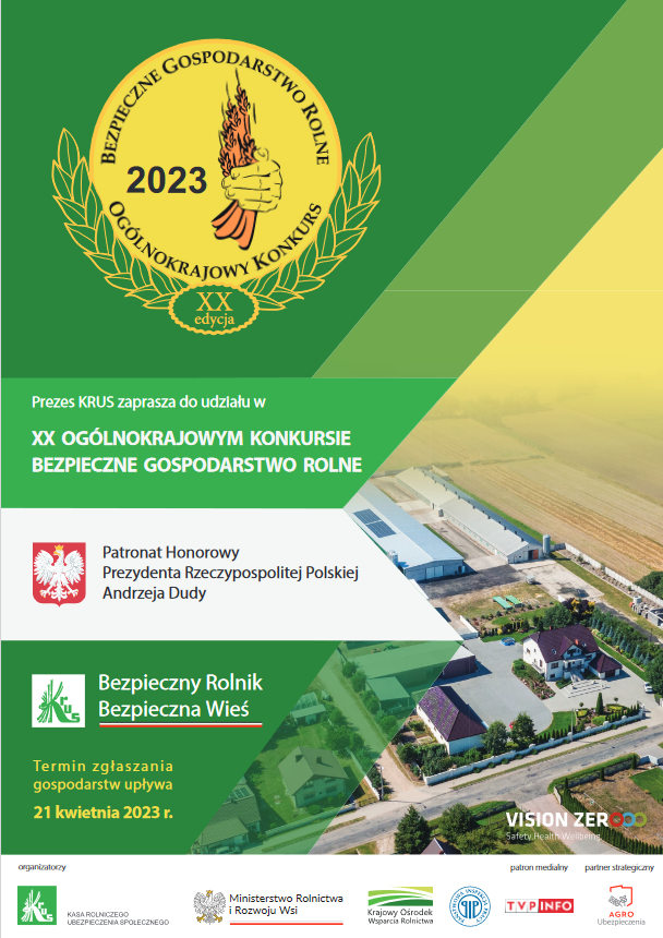 Obrazek przedstawia plakat konkursu. Na środku żółte koło, a w nim napis "Bezpieczne gospodarstwo rolne ogólnokrajowy konkurs 2023 XX edycja"