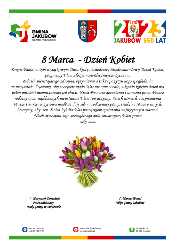 Logotypy gminy oraz duży napis 8 marca - Dzień Kobiet. Poniżej bukiet kwiatów.