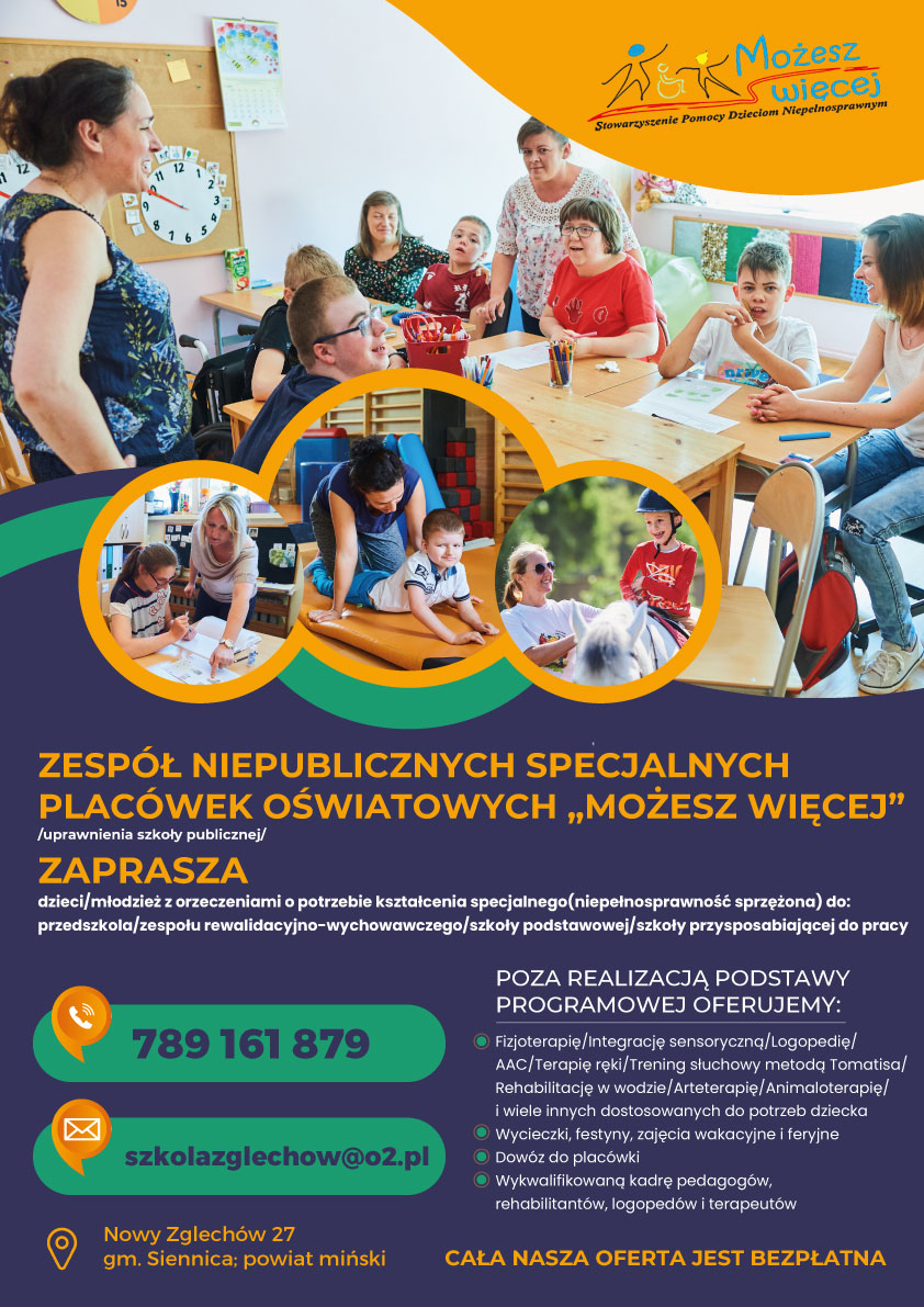 plakat z dziecmi i tekstem Zespół Niepublicznych Specjalnych Plecówek Oświatowych „Możesz więcej” zaprasza