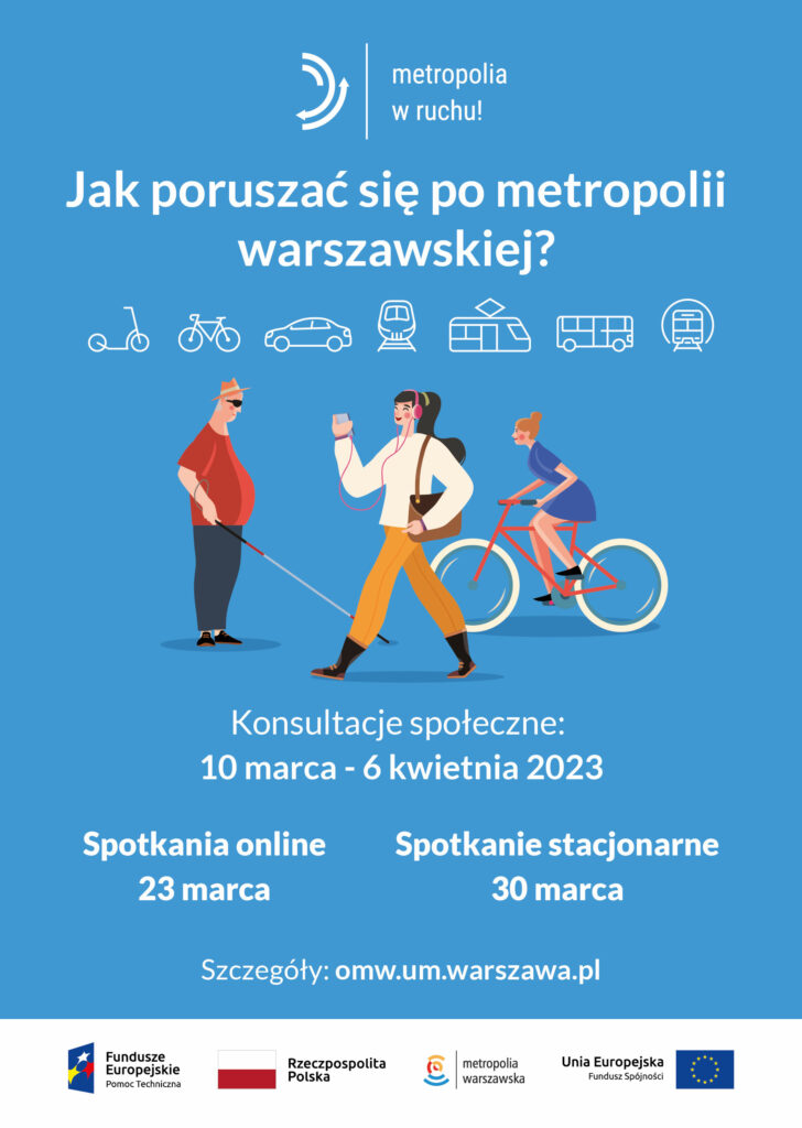 Niebieski plakat z napisem Jak poruszać się po metropoli warszawskiej?