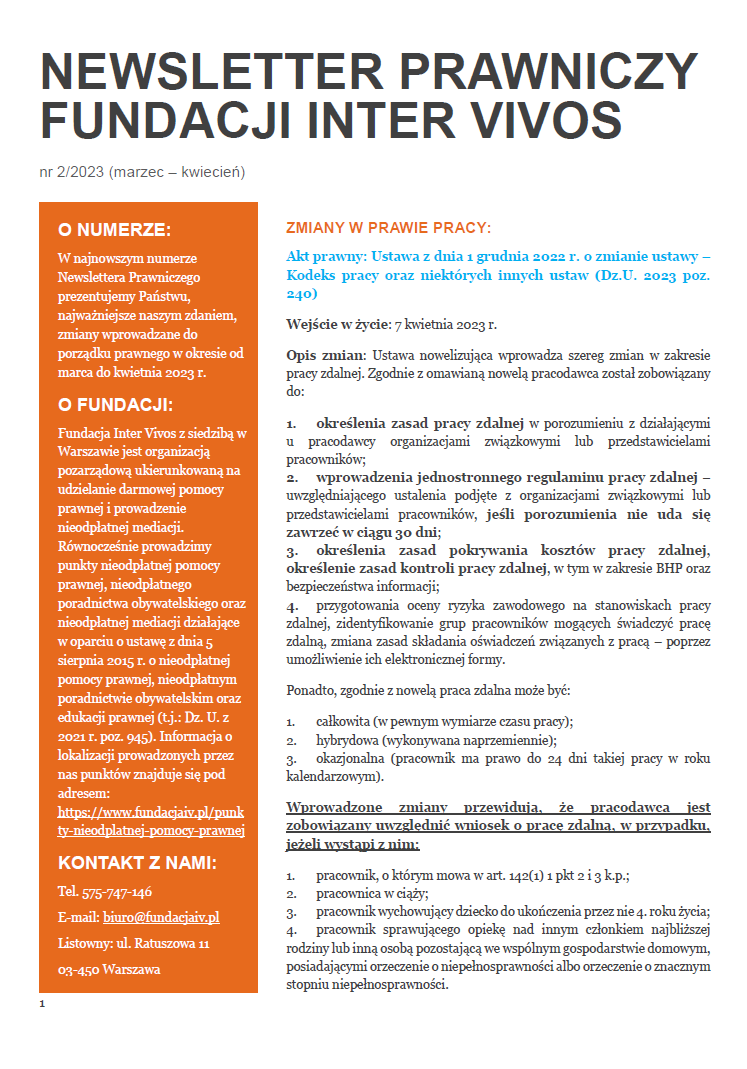 Pierwsza strona gazety z dużym napisem newslettera Fundacji Inter Vivos