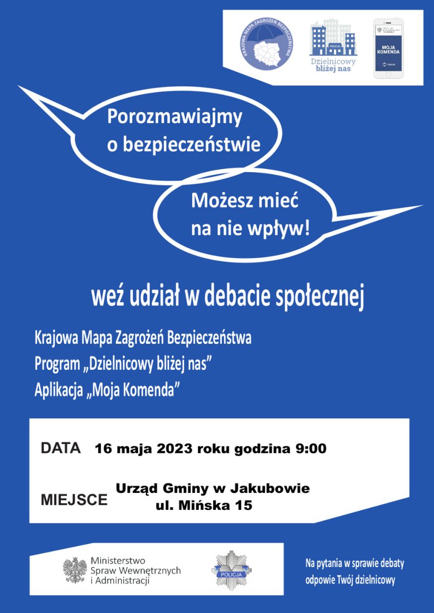 niebieski plakat z tekstem Porozmawiajmy o bezopieczeństwie możesz mie na nie wp ływ