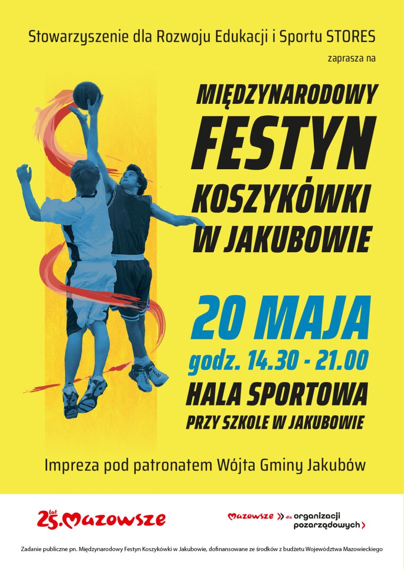 Zólty plakat z napisem MIĘDZYNARODOWY FESTYN KOSZYKÓWKI W JAKUBOWIE