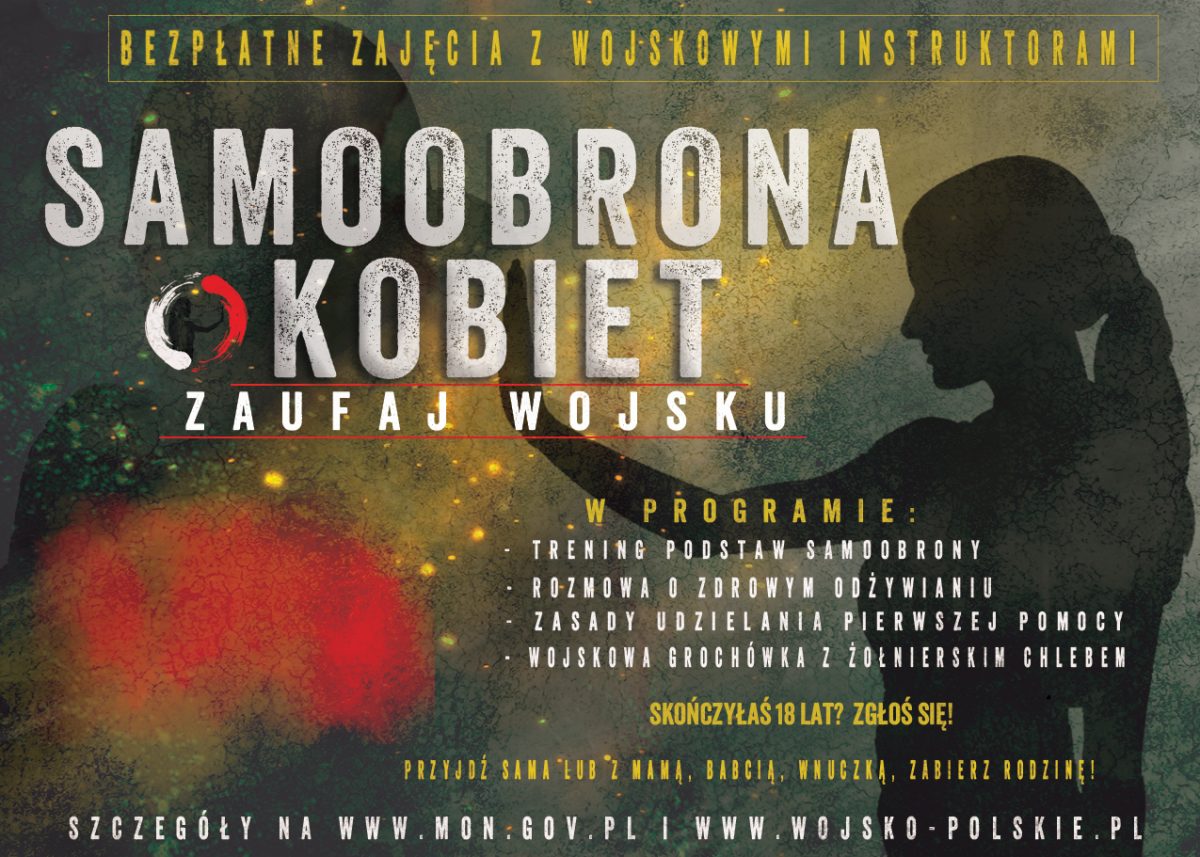 plakat z napisem SAMOOBRONA KOBIET