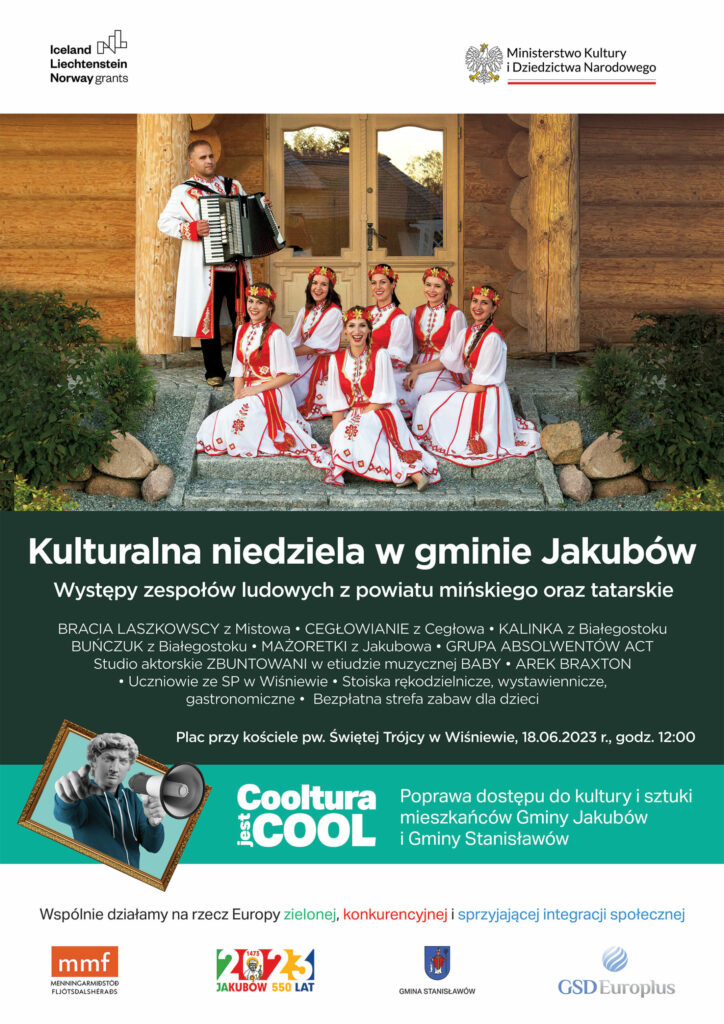 Gorąco zapraszamy na festyn, który odbędzie się w Wiśniewie 18 czerwca 2023 r. Wydarzenie realizowane w ramach projektu „COOLtura jest COOL. Poprawa dostępu od kultury i sztuki mieszkańców Gminy Jakubów