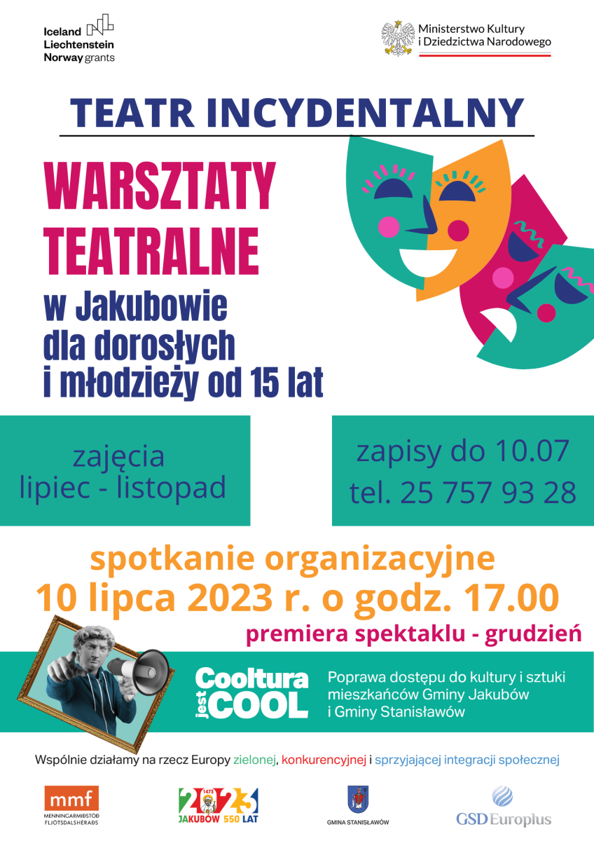 Zapraszamy do udziału w zajęciach teatralnych, zwieńczeniem których będzie wystawienie spektaklu. Zajęcia będą trwać od lipca do listopada w ustalone terminy. Premiera spektaklu odbędzie się w grudniu 2023 r. Pierwsze spotkanie odbędzie się 10 lipca. Do tego czasu przyjmujemy zgłoszenia do amatorskiej grupy teatralnej (osoby 15+).