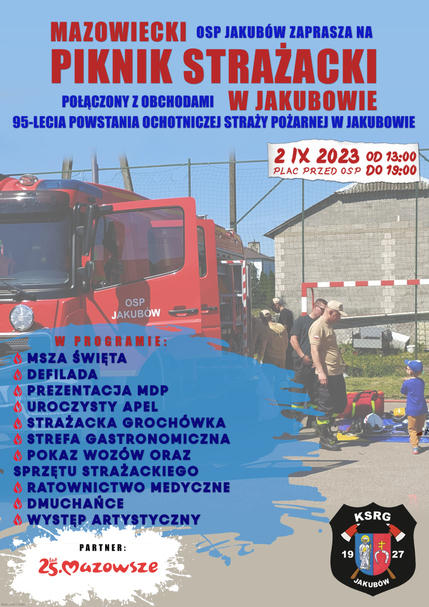 plakat z wozem strażackim w tle