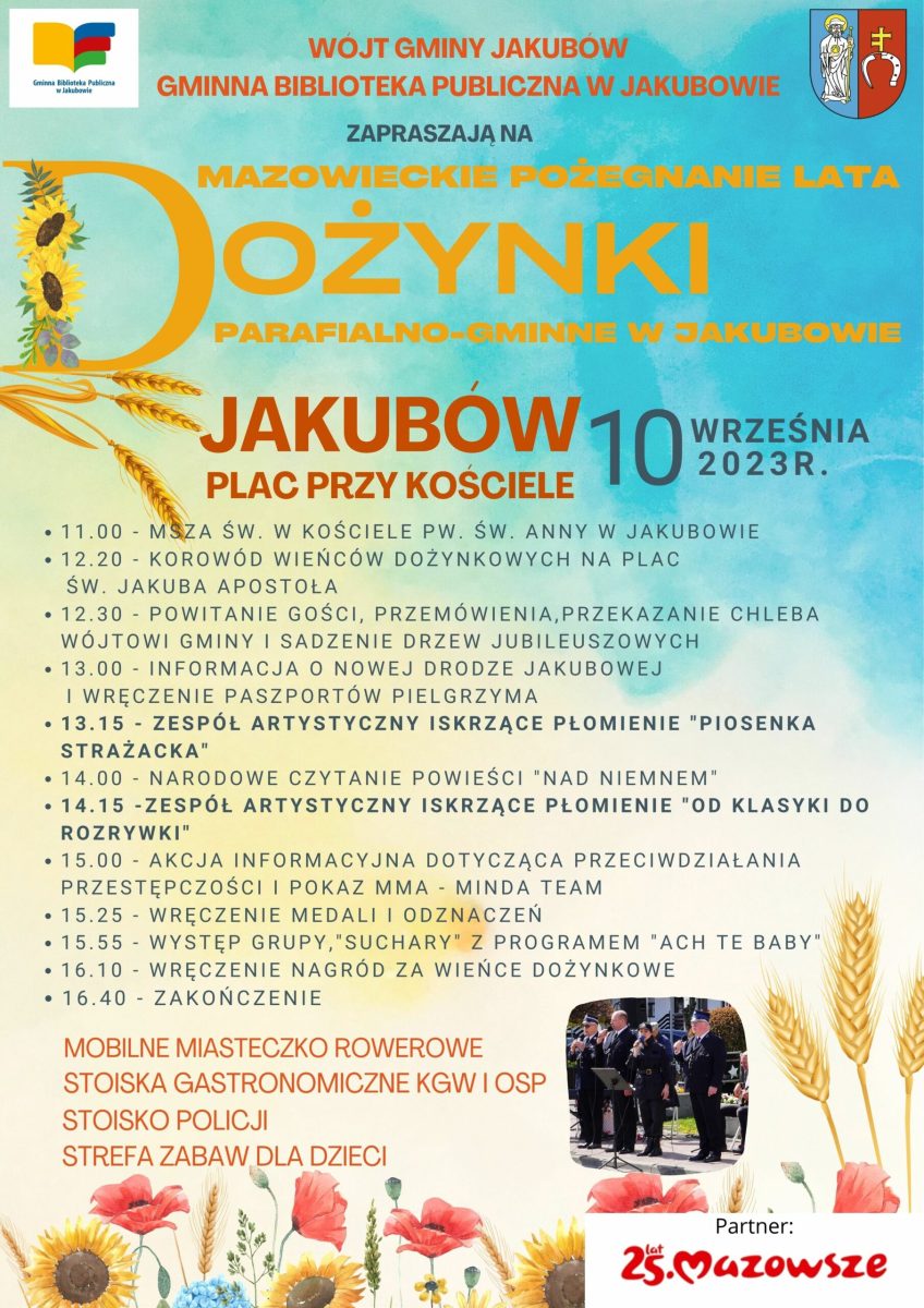Plakat z kłosami zboża i napisem DOŻYNKI