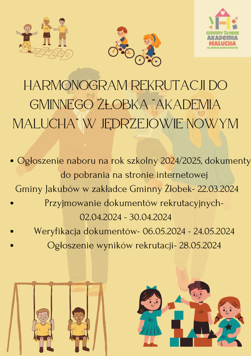 Na obrazku widocznych plakat reklamujący harmonogram powołania do żłobka „Akademia Malucha” na rok szkolny 2024/2025. Plakat jest ozdobiony świetlnymi ilustracjami dzieci, które angażują się w każdy rodzaj aktywności.