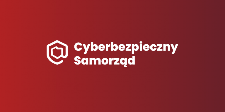 Na obrazku jest logo programu „Cyberbezpieczny Samorząd” na czerwonym tle. Logo składa się z nazwy programu oraz specjalnych ikon symbolizujących działanie z cyberbezpieczeństwa w samorządach.