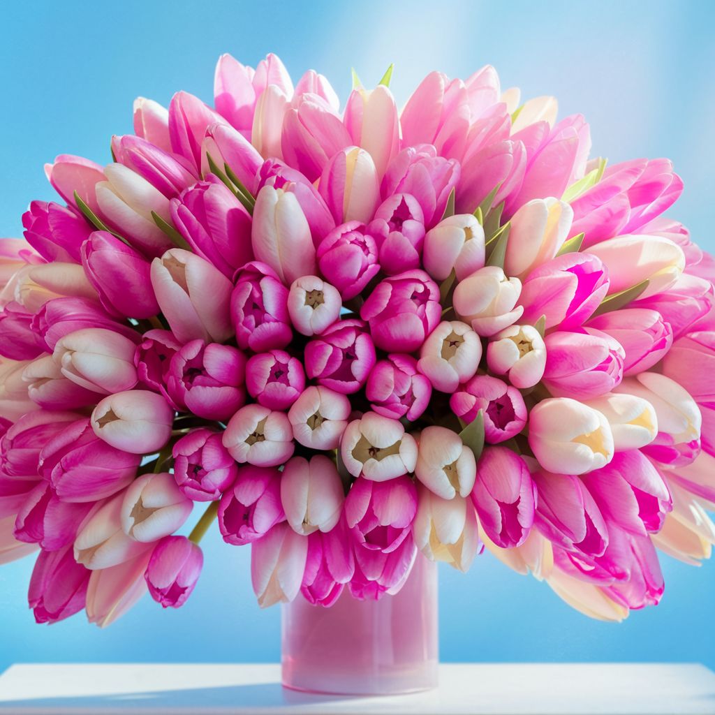 Na obrazku są różowe i białe tulipany umieszczone w wazonie, który stoi na stole. Kwiaty muszą być świeże i dobrze utrzymane, tworząc elementy dekoracyjne w pomieszczeniu.