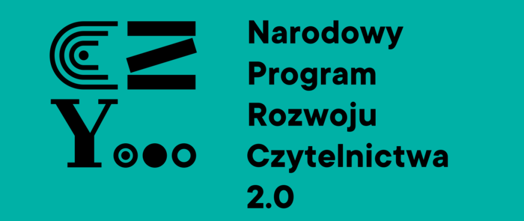 Na obrazku widnieje logo i napis "narodowy program rozwoju czytelnictwa 2.0" w kolorze czarnym na tle w kolorze turkusowym. Wyróżniający się prosty, minimalistyczny design, zwracający uwagę na przekaz tekstowy.