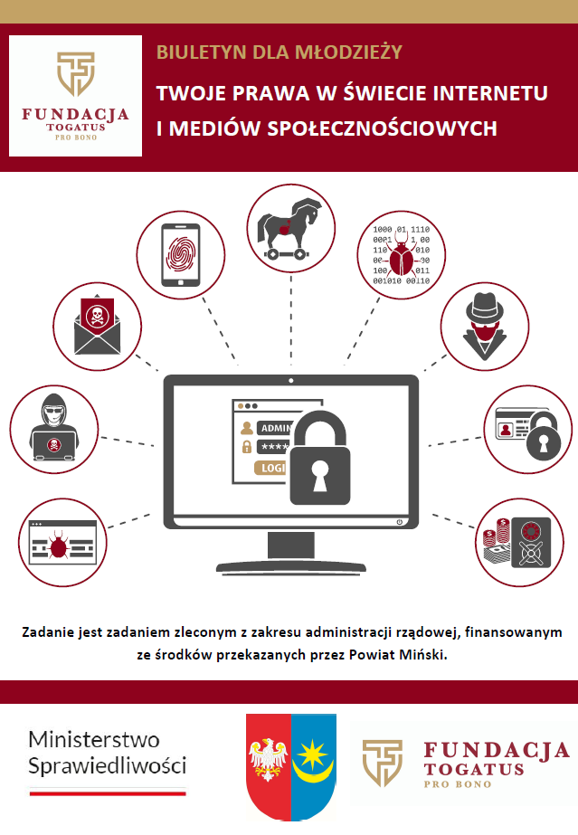 Na obrazku jest dostępna grafika informacyjna dotycząca praw autorskich i świadomości praw społecznościowych, przedstawiona w języku polskim. Jest sponsorowany przez Ministerstwo Sprawiedliwości i fundacji.