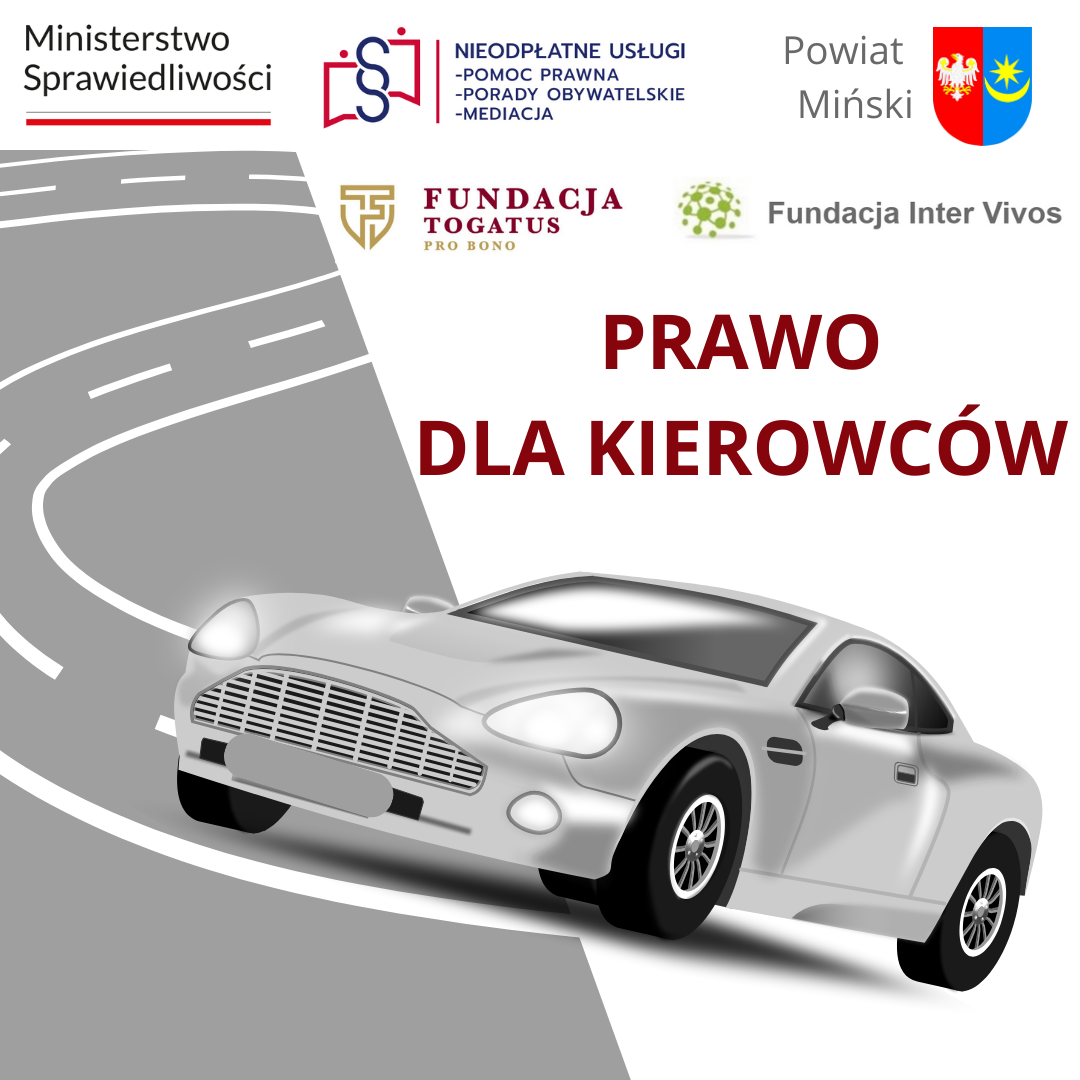 Na ilustracji jest srebrny, klasyczny samochód sportowy na stylizowanej mapie. Na mapie zaznaczone są oznaczenia polskich organizacji udzielających pomocy prawnej oraz logotypy instytucji rządowych.