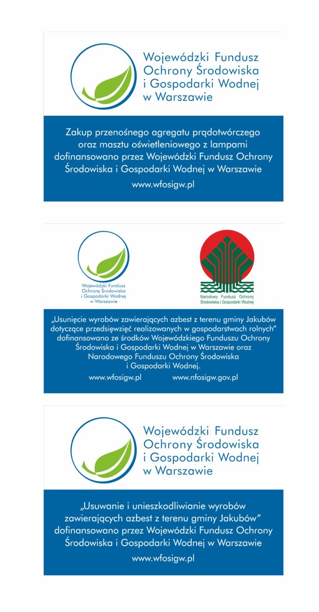 Trzy grafiki z logotypem WFOŚiGW oraz informacjami o dofinansowaniach. Kolory dominujące to niebieski i zielony. Tło białe.