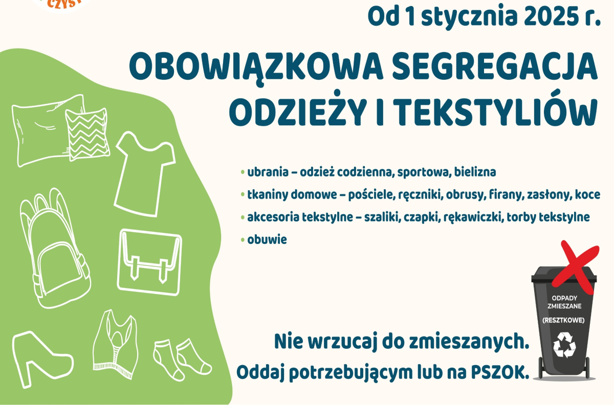 Infografika przedstawia obowiązkowy system segregacji tekstów w Polsce, który umożliwia życie 1 stycznia 2025 roku, dostępne ubrania, tkaniny domowe i akcesoria. Zawiera także przypomnienie o nierozdzielaniu różnych typów odpadów oraz opcji udostępniania.