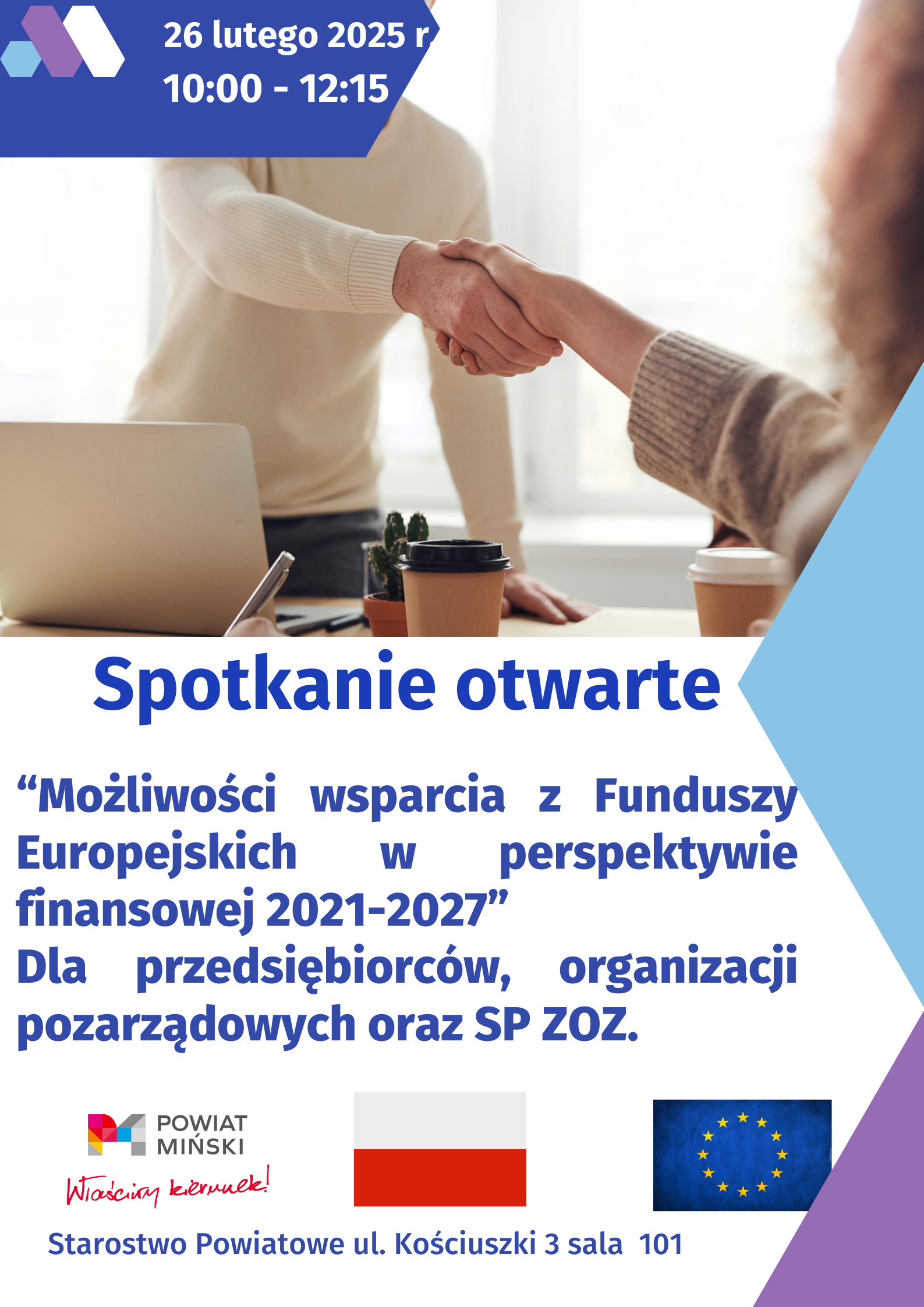 Plakat udostępniony o udostępnieniu wersji elektronicznej na lata 2021–2027, który odbędzie się 26 lutego 2025 roku w godzinach od 10:00 do 12:15. Miejsce spotkań jest sala nr 101 przy ul. Kościuszki 3.
