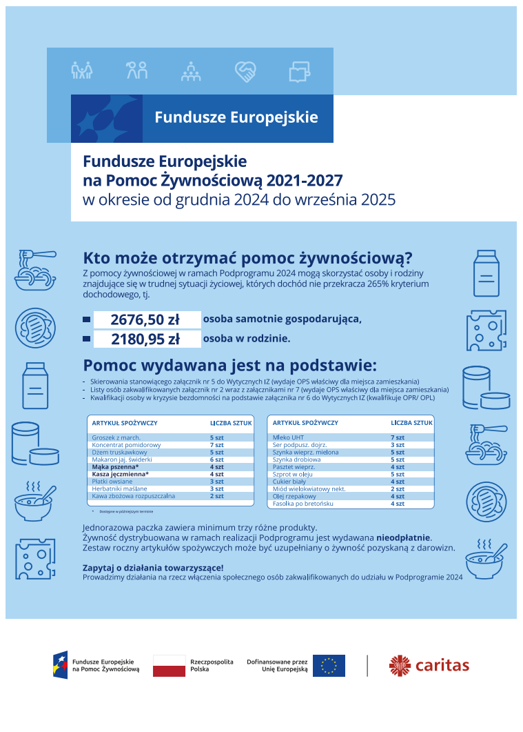 Infografika zawiera szczegółowe informacje dotyczące kwalifikacji i działania z Europejskiego Funduszu Pomocy Żywnościowej na lata 2021–2027, progi dochodowe oraz inne dostępnej pomocy. U dołu grafiki znajdują się logotypy związane z funduszami lub instytucjami z nimi współpracującymi.