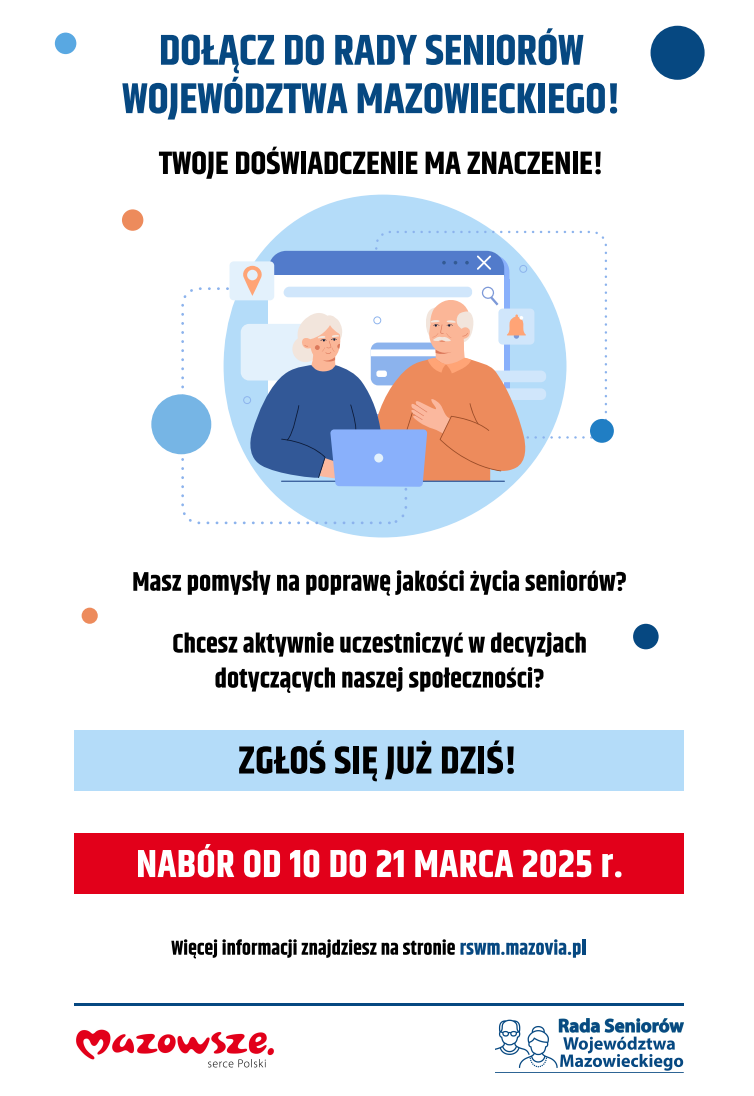 Na ilustracyjnym ulotce w języku polskim zapisz się do dołączenia do Rady Seniorów Mazowieckiego. Zawiera daty nadsyłania zgłoszeń oraz informację o poprawie jakości opieki senioralnej, a także logotypy i dane kontaktowe.