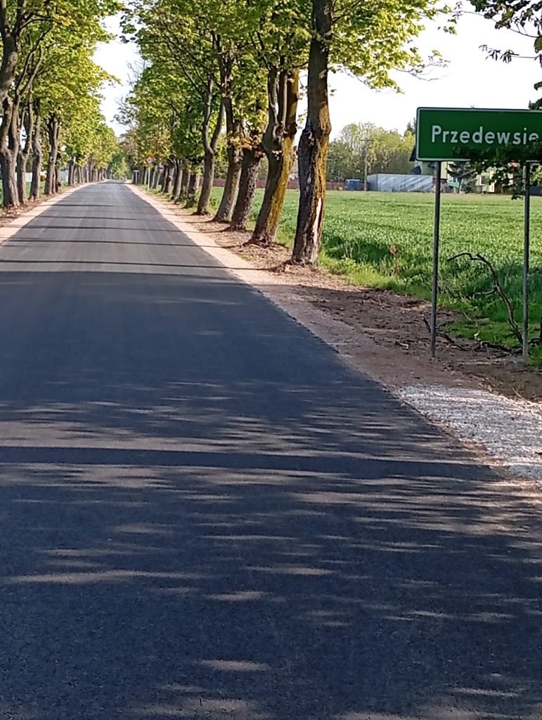 Asfaltowa droga prowadzi przez aleję drzew. Po prawej widoczny zielony znak miejscowości „Przedewsie”. W tle pola i budynki.