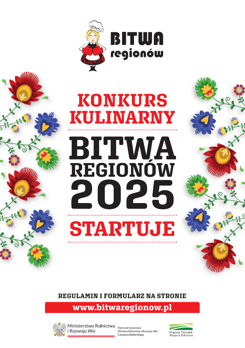 Plakat informuje o konkursie kulinarnym „Bitwa Regionów 2025”. Dominują kolory czerwony, zielony i niebieski. W tle są kolorowe kwiaty.