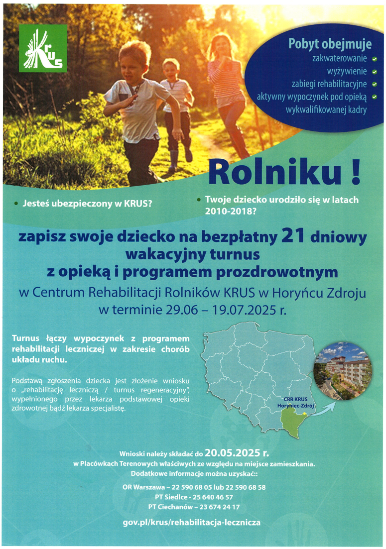 Plakat promuje wakacyjny turnus dla dzieci rolników z KRUS, z widocznymi u góry dziećmi biegającymi w słonecznym lesie. Dominują kolory zielony, niebieski i żółty, a tekst informuje o szczegółach wyjazdu. W