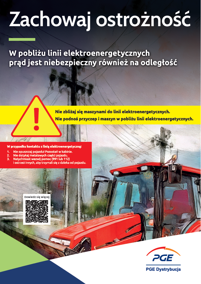 Ostrzegawczy plakat: Czerwony traktor obok linii energetycznych. Tło gradientowe, niebiesko-szare. Żółty trójkąt z wykrzyknikiem.