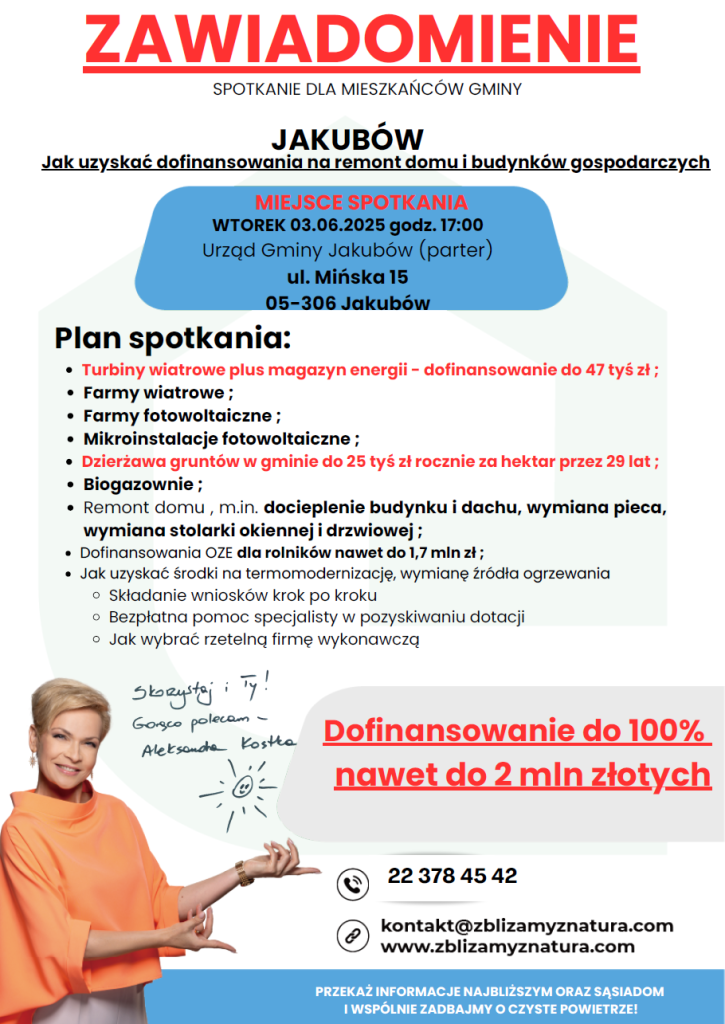 Spotkanie w Jakubowie o dofinansowaniach na remonty. Dominują kolory czerwony, niebieski i biały. W lewym dolnym rogu osoba w pomarańczowej bluzce.