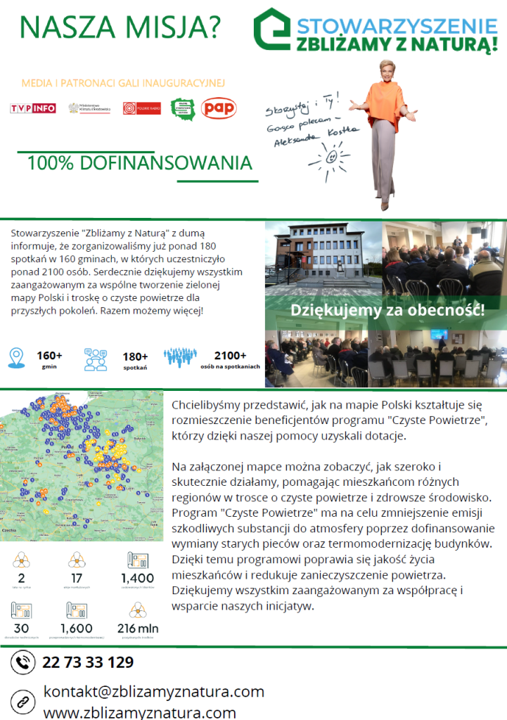Plakat stowarzyszenia z zielonym logo i nagłówkami na białym tle. Widoczne zdjęcia z wydarzeń oraz mapa Polski z zaznaczeniami. Podane dane kontaktowe na dole.