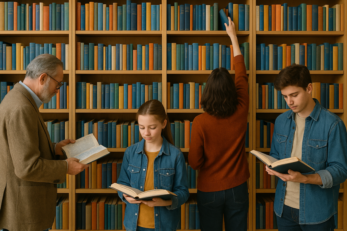 Cztery osoby w bibliotece przeglądają książki na tle półek z kolorowymi grzbietami. Jedna osoba sięga po książkę. Tło jasnobrązowe.