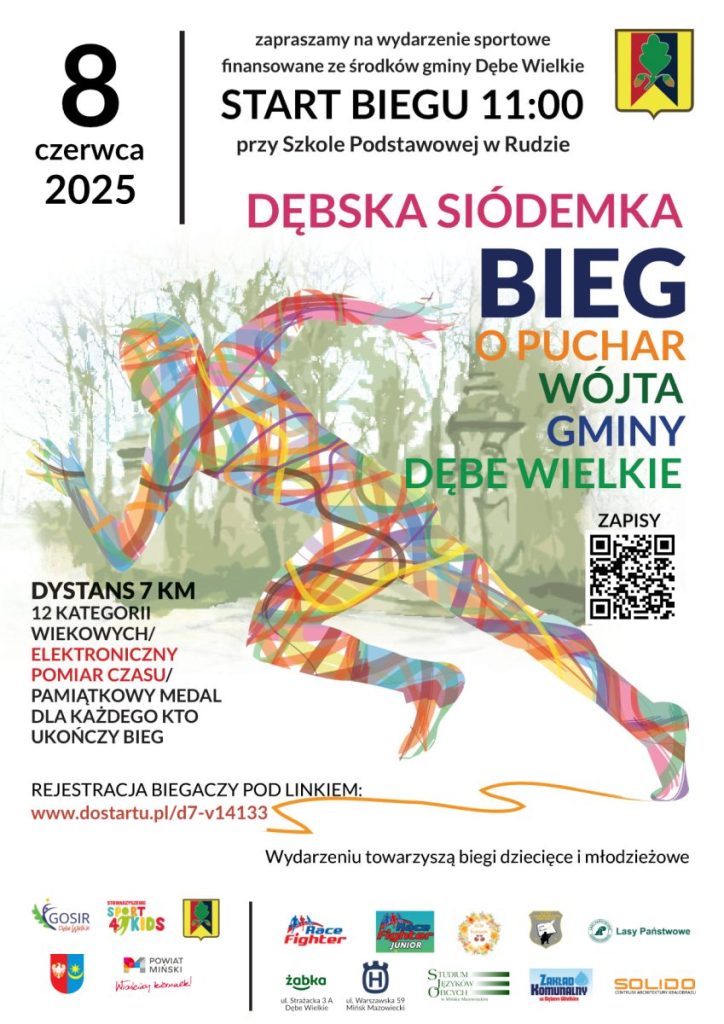 Plakat promuje bieg 8 czerwca 2025 z kolorową sylwetką biegacza na tle drzew. Wielokolorowa grafika i tekst. QR kod.