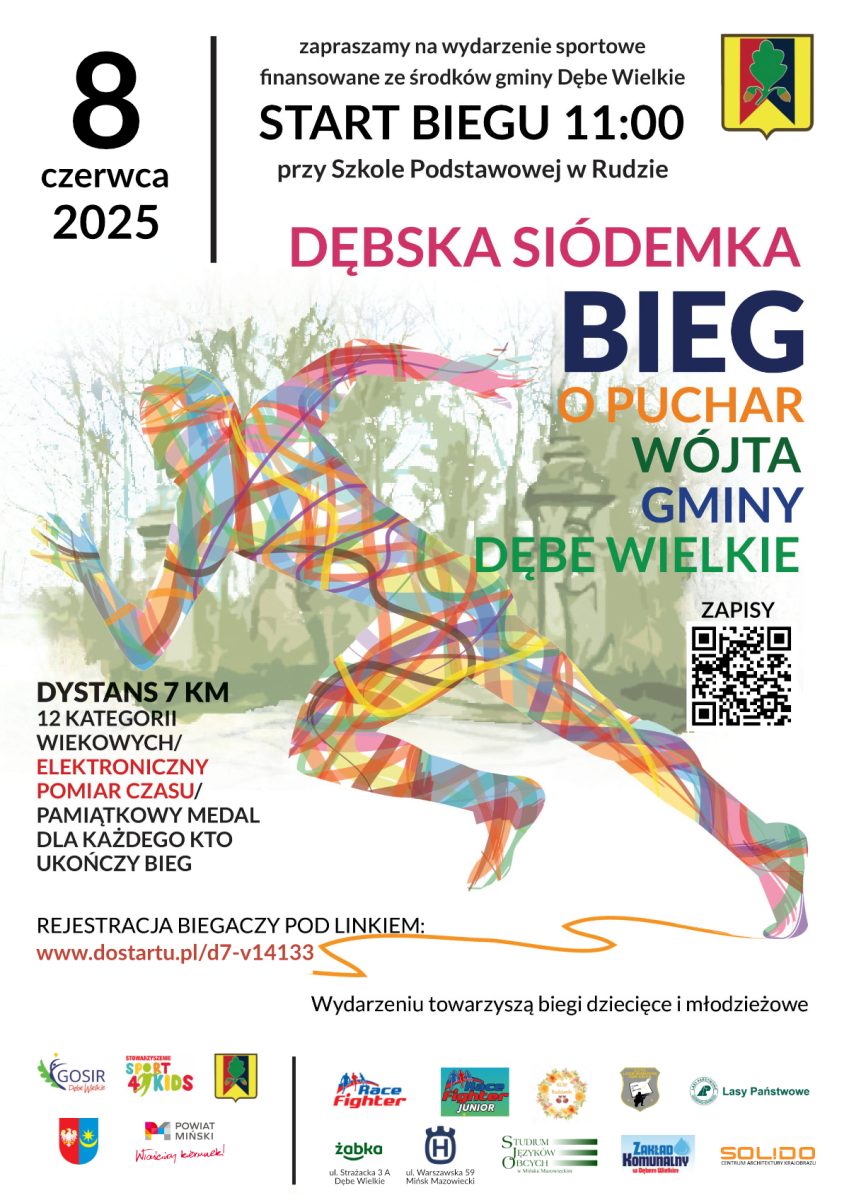Plakat promuje bieg 8 czerwca 2025 z kolorową sylwetką biegacza na tle drzew. Wielokolorowa grafika i tekst. QR kod.