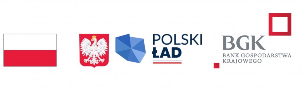 Flaga Polski, herb z orłem, logo Polski Ład w niebiesko-białej kolorystyce i logo BGK. Tło jest białe.